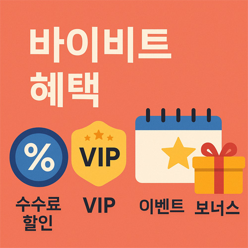 "바이비트 혜택 - 수수료 할인, VIP, 이벤트, 보너스를 상징하는 아이콘 배너