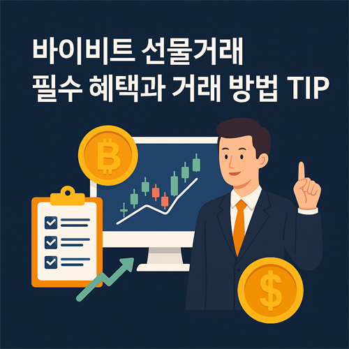 바이비트 선물거래 필수 혜택과 거래 방법 TIP을 설명하는 이미지. 모니터 속 차트, 체크리스트, 비트코인·달러 아이콘, 손가락으로 설명하는 캐릭터가 포함된 전문적인 디자인