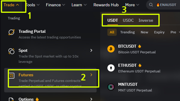 바이비트 웹사이트 화면에서 Trade 메뉴를 열고 Futures를 클릭한 뒤, USDT·USDC·Inverse 선물거래 계약을 선택할 수 있는 위치를 보여주는 이미지.