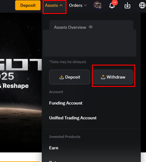 Assets 메뉴와 Withdraw 버튼 강조