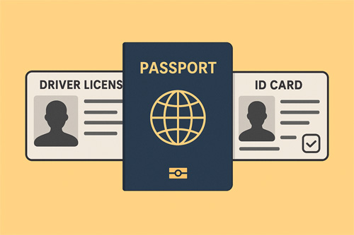 바이비트 가입 준비물 여권과 운전면허증, 신분증이 나란히 배치된 신원 인증 관련 일러스트