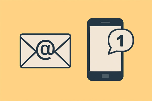 이메일을 상징하는 봉투 아이콘과 문자 알림이 표시된 스마트폰 아이콘 일러스트