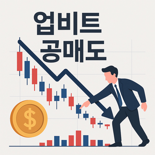 업비트 공매도 일러스트, 차트 하락과 숏 포지션 개념 강조