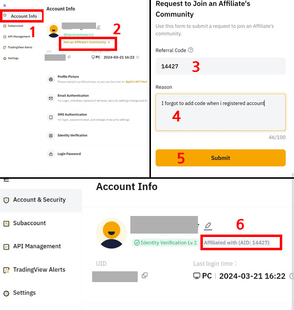 바이비트 Account Info에서 Join an Affiliate’s Community로 이동해 레퍼럴 코드 14427 입력 후 Submit, Account Info에 ‘Affiliated with (AID: 14427)’가 표시된 적용 완료 화면