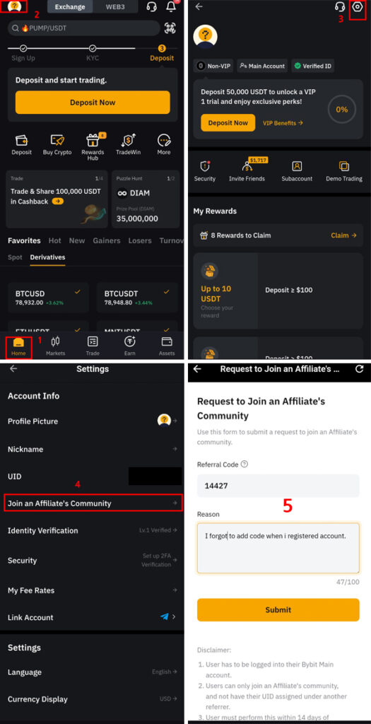 바이비트 모바일 앱: Home(1) → 프로필(2) → 설정 톱니바퀴(3) → Join an Affiliate’s Community(4) → Referral Code에 14427 입력(5) → Submit 순서 안내