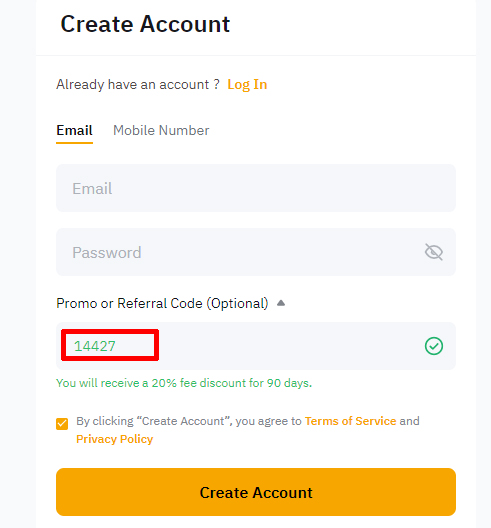 Bybit 계정 생성 화면 – Promo or Referral Code 칸에 14427 입력, 신규 가입 수수료 20% 할인(90일) 적용 예시
