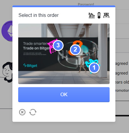 비트겟 퍼즐 보안 인증에서 지정된 순서대로 이미지를 클릭하는 화면