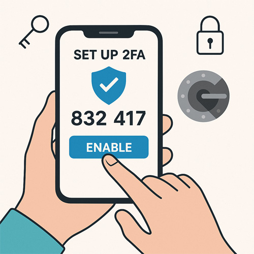 스마트폰 화면에서 2FA OTP 코드를 확인하고 활성화 버튼을 누르는 모습의 보안 인증 설정 화면