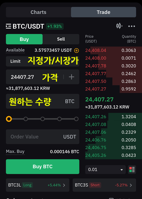 모바일 거래 화면에서 BTC 매수 주문 설정 인터페이스