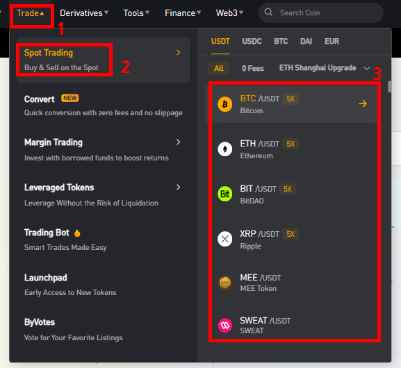 바이비트 거래소에서 Trade 메뉴에서 Spot Trading을 선택하고 원하는 코인을 고르는 화면