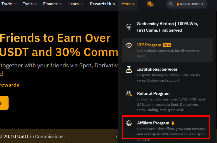 바이비트 홈페이지에서 Bybit Affiliate Program 접속