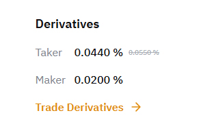 Bybit 파생상품 거래 수수료 할인율, 테이커 0.0440%와 메이커 0.0200% 적용 화면