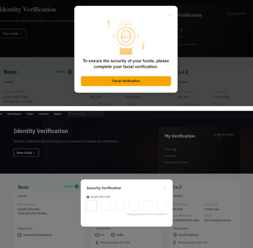 바이비트 웹사이트에서 KYC 인증 이전 절차 중 얼굴 인식과 2단계 인증(2FA) 입력 화면