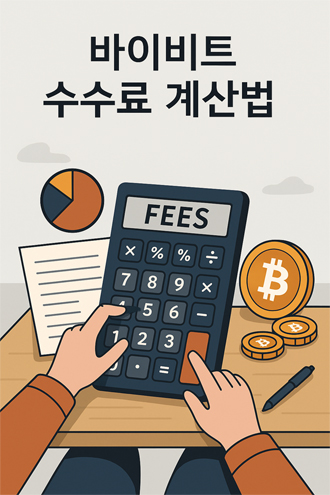 플랫 스타일 디지털 일러스트로, 사람이 컴퓨터 화면에서 바이비트 수수료를 계산하는 모습