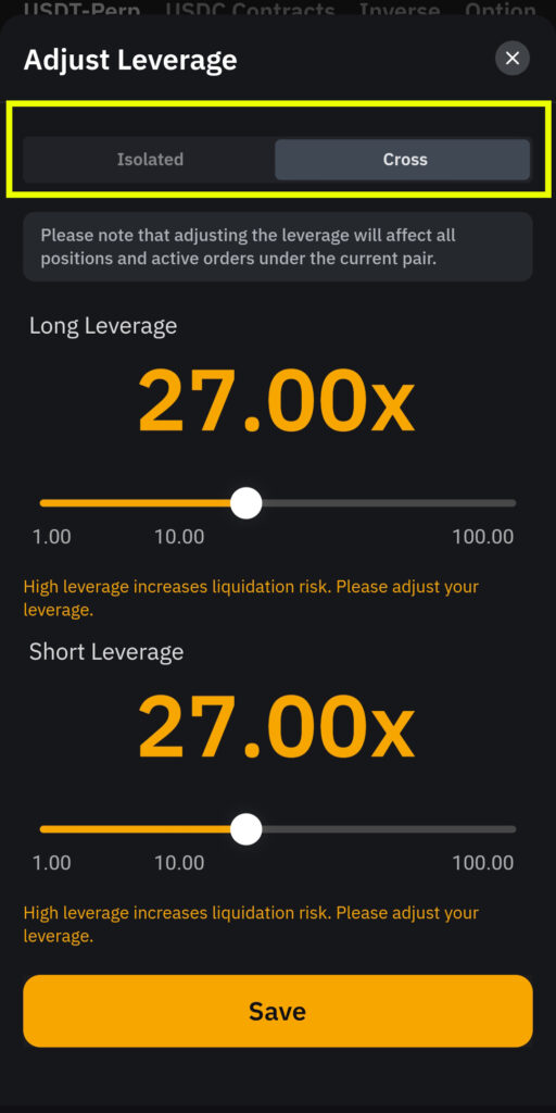 Bybit Leverage 격리(Isolated)와 교차(Cross) 모드 선택 화면
