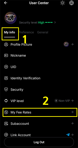 바이비트 모바일 앱에서 My Info 메뉴를 통해 My Fee Rates로 이동하는 화면
