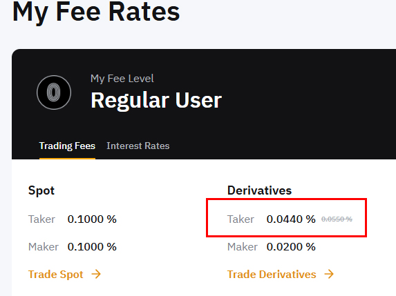 바이비트 My Fee Rates 화면에서 파생상품 테이커 수수료가 0.0440%로 할인된 모습