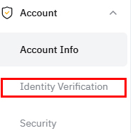 바이비트 계정 설정 메뉴에서 Identity Verification 항목이 강조된 화면