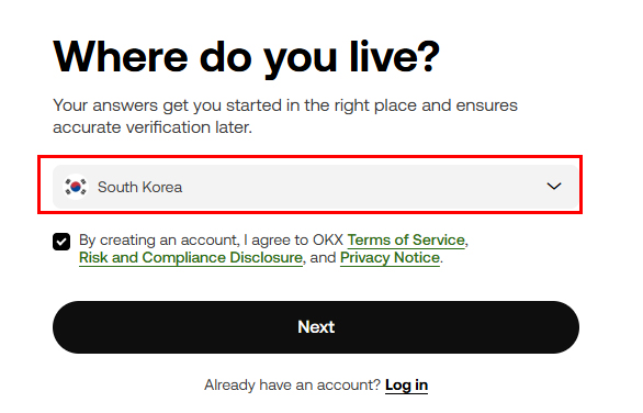 OKX 거래소 가입 국적 선택