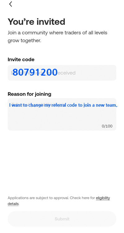 okx 레퍼럴 변경 신청 페이지에서 Invite code와 Reason for joining을 입력하는 화면