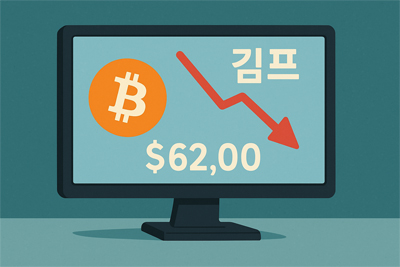 하락 화살표와 $62,000 가격표가 있는 비트코인 로고와 '김프' 문구가 컴퓨터 화면에 표시된 이미지.