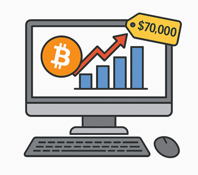 컴퓨터 모니터에 비트코인 로고, 상승 그래프, $70,000 가격표가 표시된 일러스트로, '김프' 현상을 시각적으로 표현함.