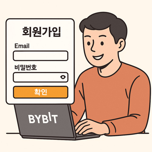 바이비트 회원가입 화면 앞에서 노트북으로 가입하는 남성을 표현한 이미지