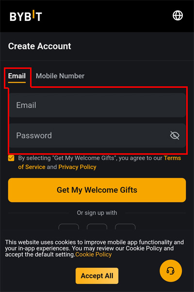 바이비트 가입 화면에서 이메일 가입 선택 후 이메일과 비밀번호 입력란이 표시된 모습