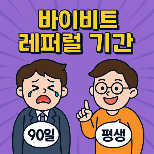 바이비트 레퍼럴 기간을 비교하는 일러스트 — 90일 받고 우는 사람과 평생 받고 웃는 사람