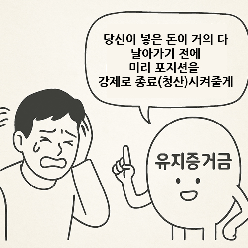 눈물을 흘리며 당황하는 투자자 옆에서 “유지증거금”이라 적힌 캐릭터가 강제 청산을 안내하는 만화
