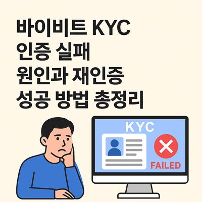 바이비트 KYC 인증 실패와 재인증 성공 방법을 설명하는 일러스트 이미지. 컴퓨터 화면에 KYC 실패 메시지가 표시되고, 고민하는 남성이 등장함.