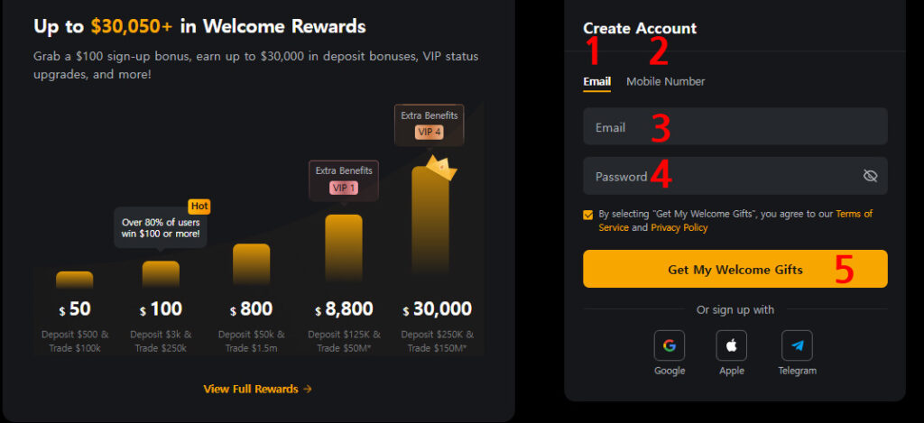 바이비트 가입 방법 첫 화면과 최대 30,000달러 웰컴 보너스 안내가 함께 표시된 화면, 이메일·휴대폰 가입 선택 및 가입 입력란이 번호로 표시된 모습