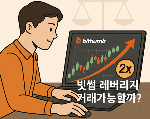 한 남성이 빗썸 웹사이트에서 레버리지 거래를 하는 모습, 2배 레버리지 차트 화면