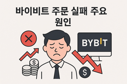 바이비트 주문 실패 주요 원인을 설명하는 일러스트, 좌절한 사용자와 하락 그래프, BYBIT 로고 포함