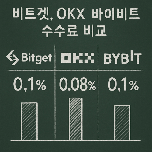 비트겟, OKX, 바이비트 수수료 비교 차트 (칠판 스타일)