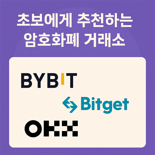 초보에게 추천하는 암호화폐 거래소 – 바이비트, 비트겟, OKX 로고 이미지