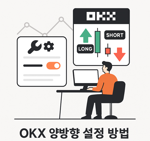 OKX 헷지모드 설정 화면과 롱·숏 포지션 동시 보유를 설명하는 트레이더 일러스트