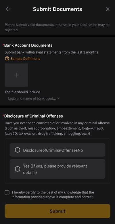 "Submit documents interface requiring recent bank statement upload and disclosure of criminal offenses"