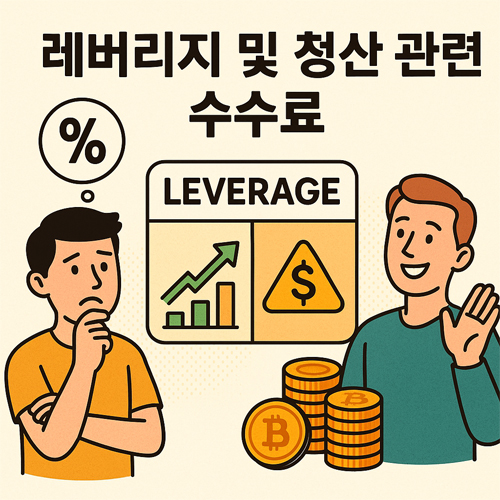 "레버리지 및 청산 관련 수수료"라는 제목 아래, 퍼센트 기호를 떠올리는 남성과, 비트코인 더미 옆에서 손을 드는 남성이 있는 만화 스타일의 일러스트. 가운데에는 ‘LEVERAGE’라는 문구와 함께 그래프와 금융 경고 아이콘이 배치됨.