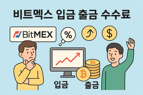 "비트멕스 입금 출금 수수료"라는 제목과 함께, 고민하는 남성과 환하게 웃는 남성이 등장하고, 가운데에는 BitMEX 로고, 비트코인, 퍼센트 기호, 상승 차트 등이 그려진 일러스트 이미지.