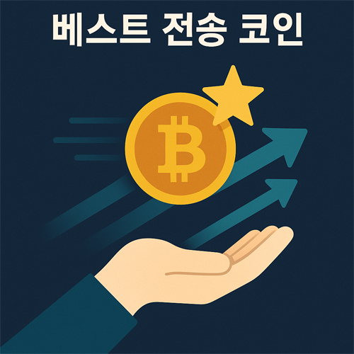 "베스트 전송 코인"이라는 한글 텍스트 아래, 손 위에 놓인 비트코인 아이콘이 별과 함께 표현되며, 빠른 전송을 상징하는 파란색 화살표들이 오른쪽으로 향하는 전문적인 스타일의 인포그래픽 이미지.