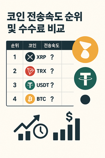 인 전송속도 및 수수료 비교표에 리플, 트론, 테더, 비트코인 아이콘과 이름이 표시되며, 각 항목의 수치는 "?"로 비워진 그래픽 이미지