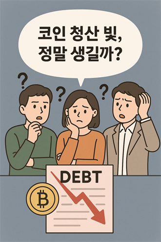 세 명의 투자자가 '코인 청산 빚, 정말 생길까?'라는 질문에 고민하는 모습을 그린 일러스트