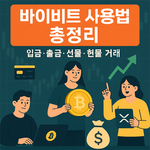 바이비트 사용법을 한눈에 보여주는 대표 이미지, 입금·출금·현물·선물 거래 아이콘과 그래프, 코인 심볼이 포함된 일러스트