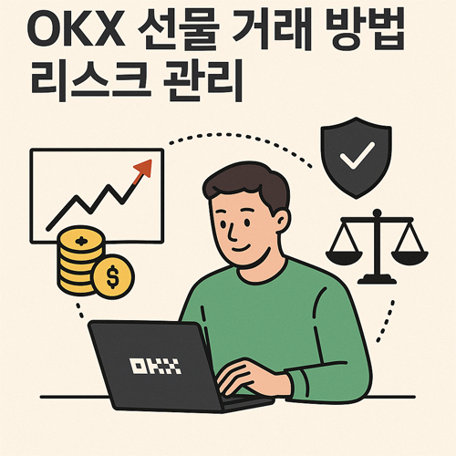 OKX 선물 거래 방법 리스크 관리 인포그래픽. 노트북으로 거래하는 투자자가 차트, 코인, 방패, 저울과 함께 리스크 관리를 표현한 그림