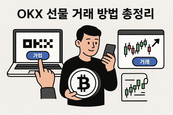 OKX 선물 거래 방법 총정리 – OKX 거래소 가입, 입금, 거래 과정을 설명하는 디지털 플랫 디자인 일러스트