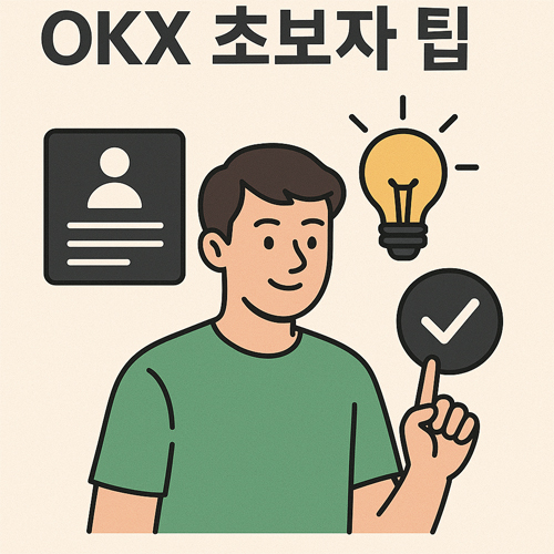 OKX 초보자 팁 인포그래픽. 초보 투자자가 전구, 체크마크, 프로필 아이콘과 함께 안전한 거래를 배우는 모습