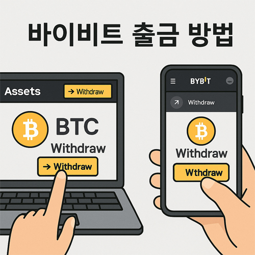 바이비트 출금 방법을 설명하는 만화 이미지, 웹사이트와 모바일 앱에서 Withdraw 버튼을 누르는 장면