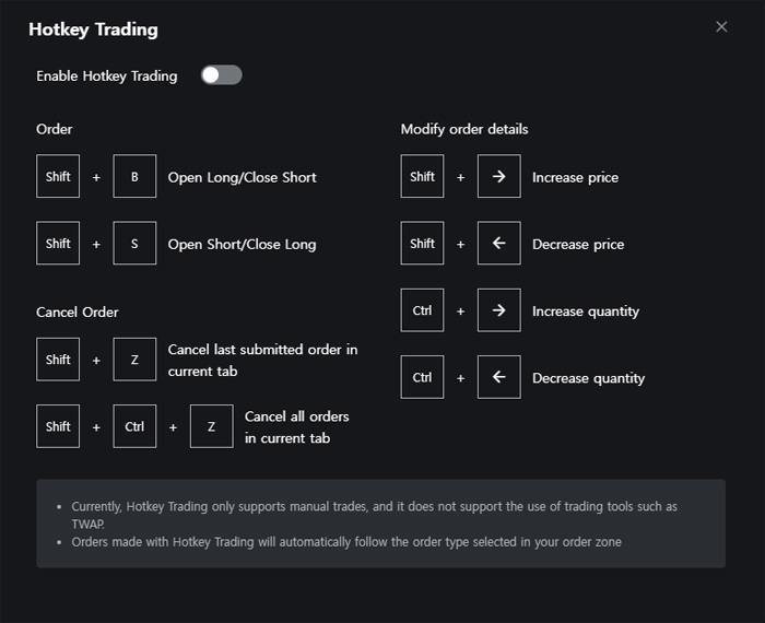 바이비트 기본 단축키 조합 예시