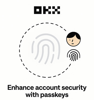 OKX Passkey 기능을 상징하는 일러스트로, 스마트폰과 컴퓨터 화면에 OKX 로고와 지문 아이콘, 자물쇠 아이콘이 함께 표현된 보안 강화 이미지